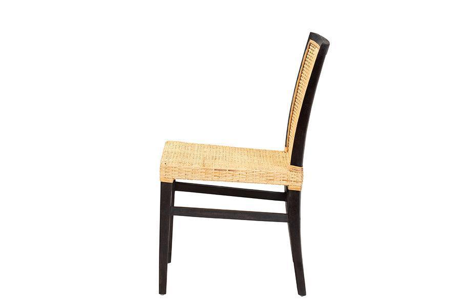 Lingga Modern Bohemian Dark Brown Mahogany Wood and Natural Rattan Dining Chair FredCo