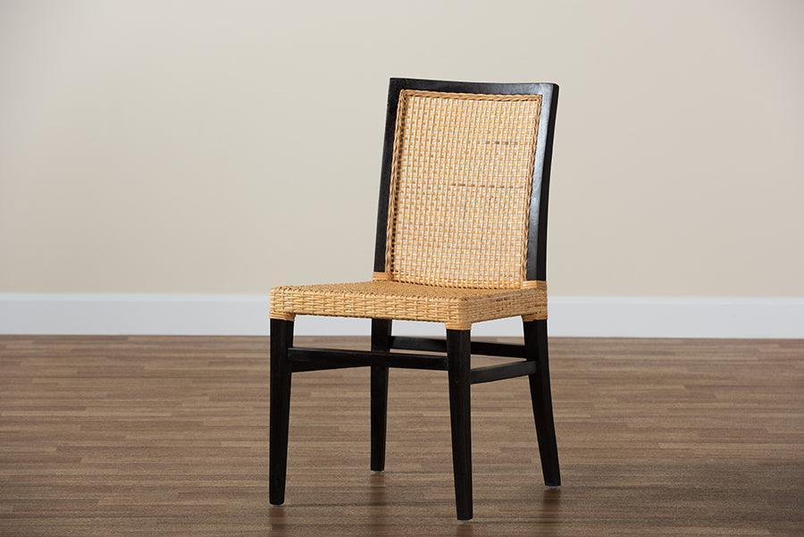 Lingga Modern Bohemian Dark Brown Mahogany Wood and Natural Rattan Dining Chair FredCo