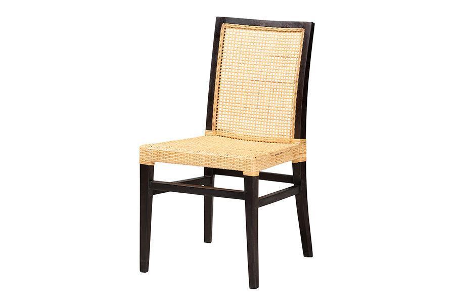 Lingga Modern Bohemian Dark Brown Mahogany Wood and Natural Rattan Dining Chair FredCo