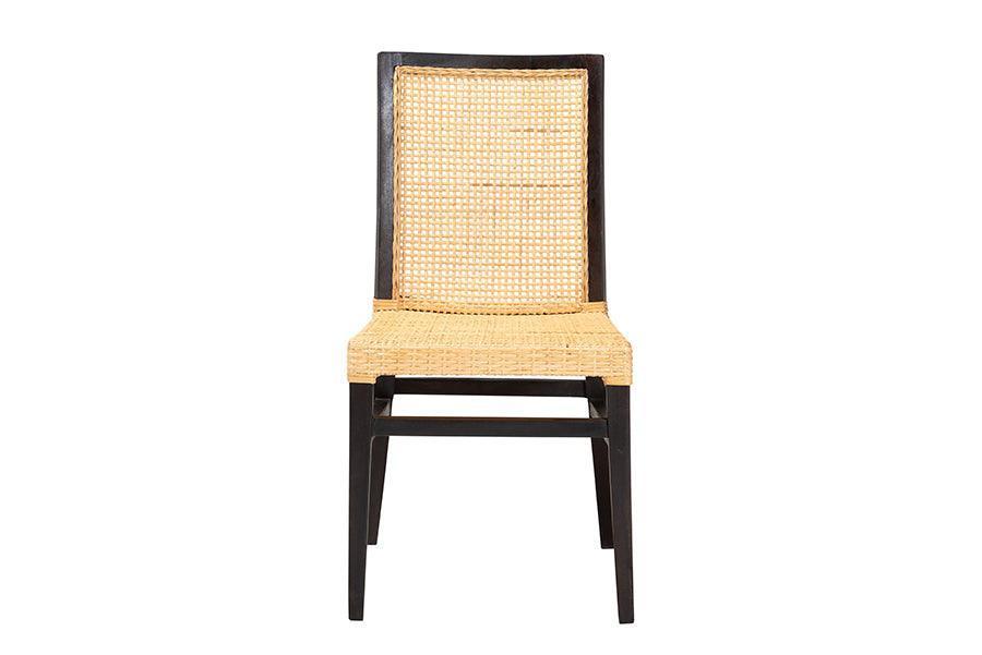 Lingga Modern Bohemian Dark Brown Mahogany Wood and Natural Rattan Dining Chair FredCo