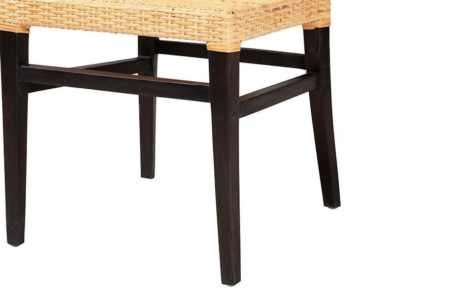 Lingga Modern Bohemian Dark Brown Mahogany Wood and Natural Rattan Dining Chair FredCo