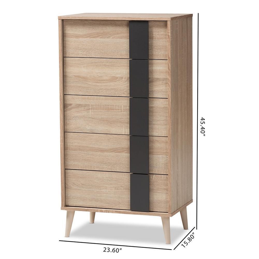 Lisen Mid-Century Modern Light Oak and Grey 5-Drawer Chest FredCo
