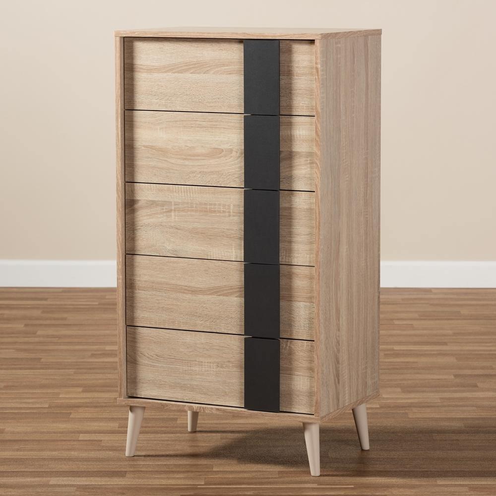 Lisen Mid-Century Modern Light Oak and Grey 5-Drawer Chest FredCo