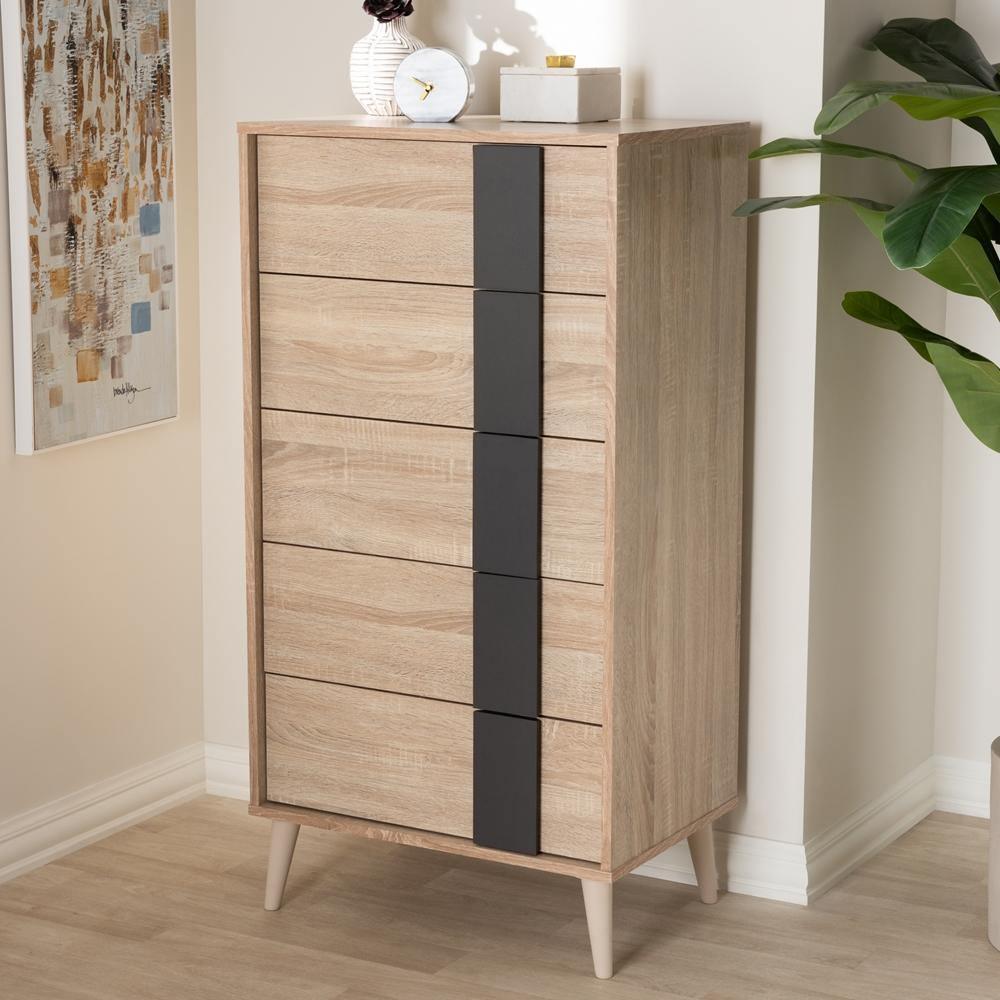 Lisen Mid-Century Modern Light Oak and Grey 5-Drawer Chest FredCo