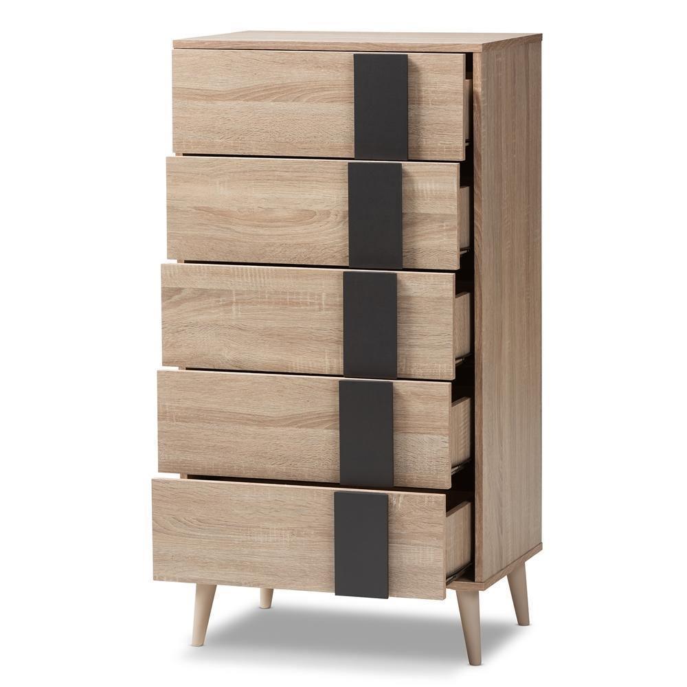 Lisen Mid-Century Modern Light Oak and Grey 5-Drawer Chest FredCo