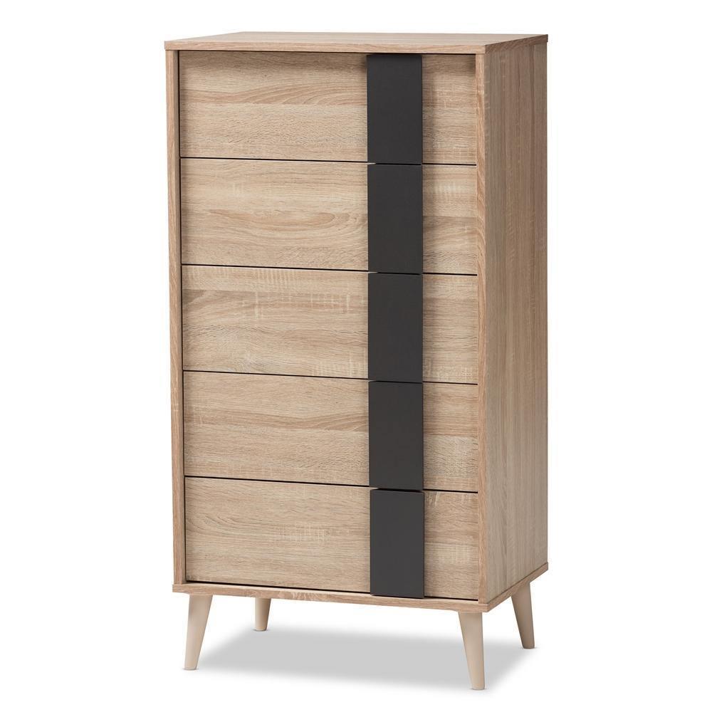 Lisen Mid-Century Modern Light Oak and Grey 5-Drawer Chest FredCo