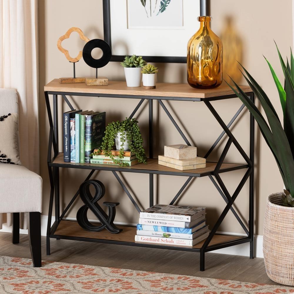Logan Modern Industrial Walnut Brown Finished Wood and Black Finished Metal 3-Tier Console Table FredCo