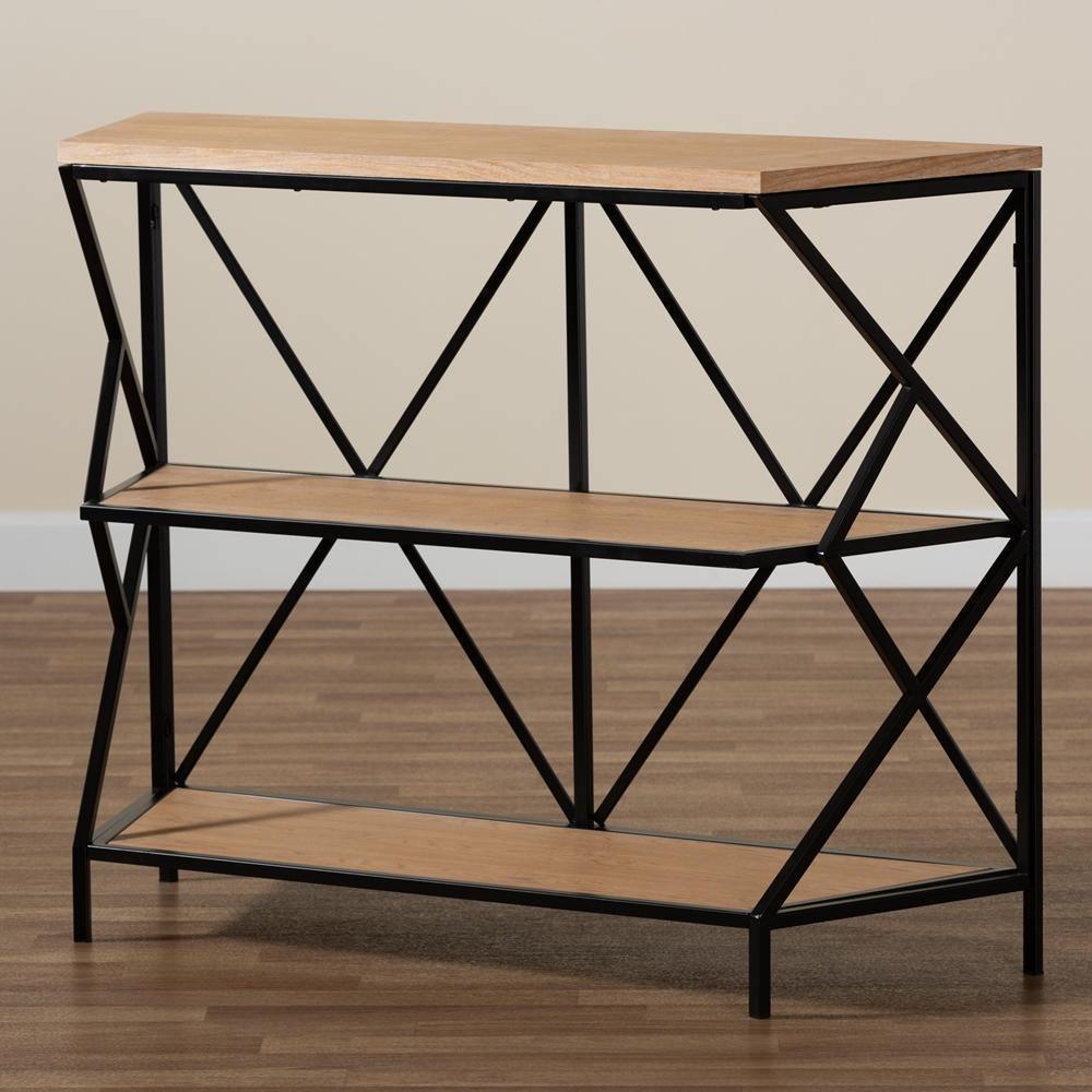 Logan Modern Industrial Walnut Brown Finished Wood and Black Finished Metal 3-Tier Console Table FredCo