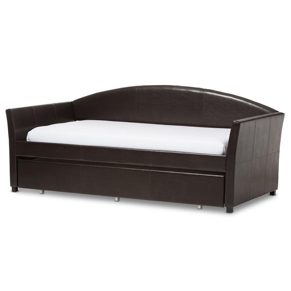 London Modern and Contemporary Brown Faux Leather Arched Back Sofa Twin Daybed with Roll-Out Trundle Guest Bed FredCo