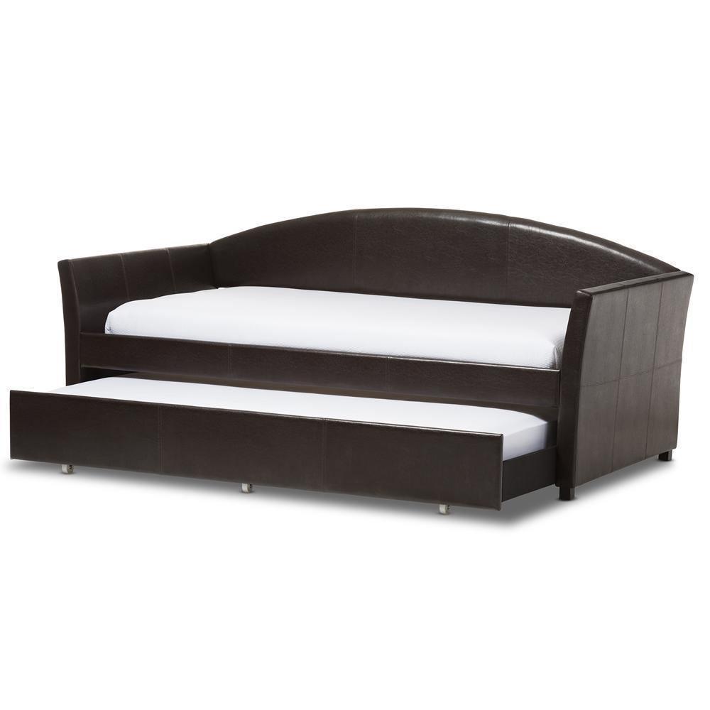 London Modern and Contemporary Brown Faux Leather Arched Back Sofa Twin Daybed with Roll-Out Trundle Guest Bed FredCo