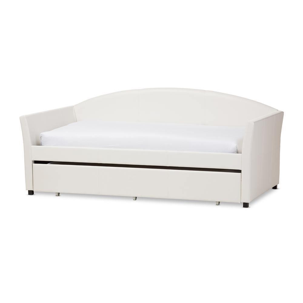 London Modern and Contemporary White Faux Leather Arched Back Sofa Twin Daybed with Roll-Out Trundle Guest Bed FredCo