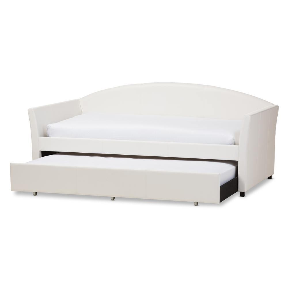 London Modern and Contemporary White Faux Leather Arched Back Sofa Twin Daybed with Roll-Out Trundle Guest Bed FredCo