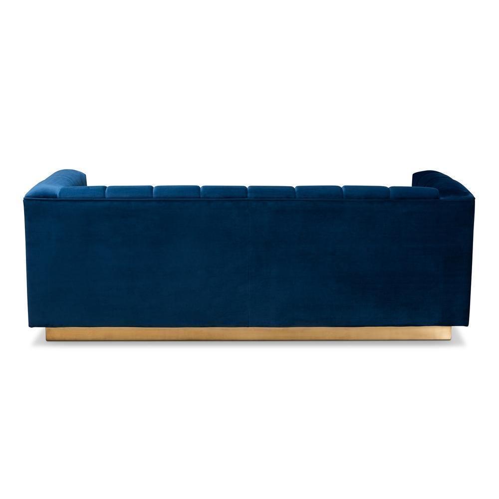 Loreto Glam and Luxe Navy Blue Velvet Fabric Upholstered Brushed Gold Finished Sofa FredCo