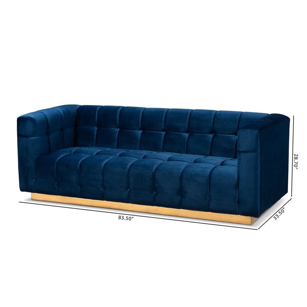 Loreto Glam and Luxe Navy Blue Velvet Fabric Upholstered Brushed Gold Finished Sofa FredCo