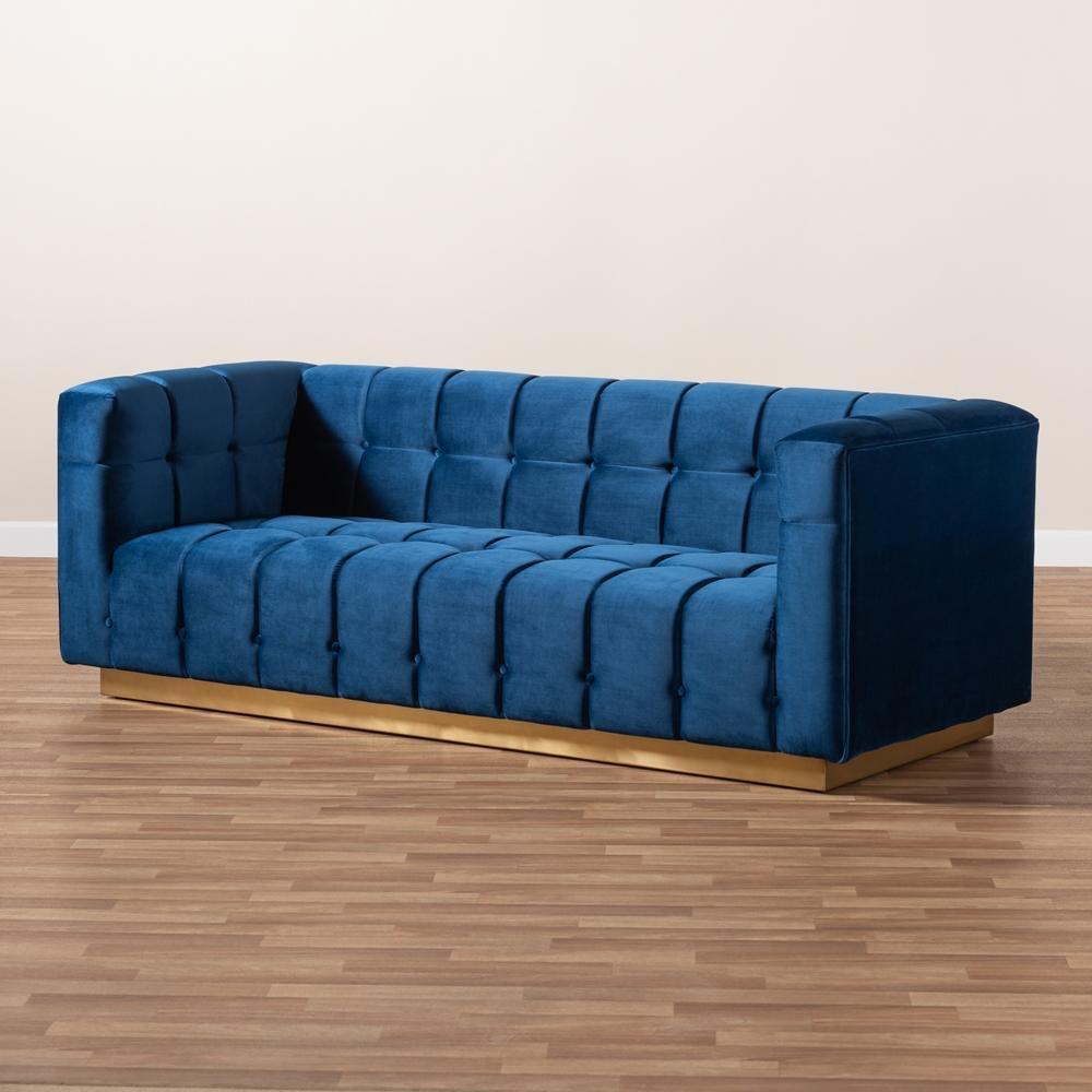 Loreto Glam and Luxe Navy Blue Velvet Fabric Upholstered Brushed Gold Finished Sofa FredCo