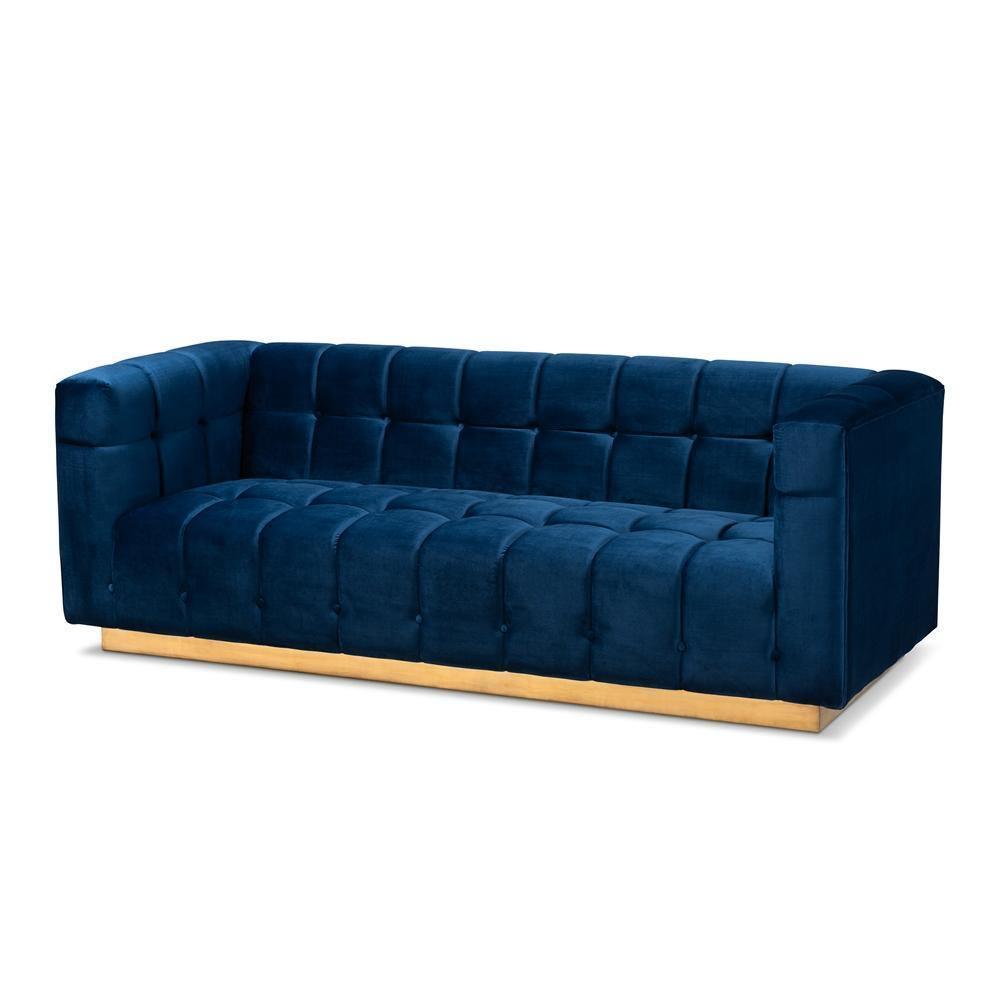Loreto Glam and Luxe Navy Blue Velvet Fabric Upholstered Brushed Gold Finished Sofa FredCo