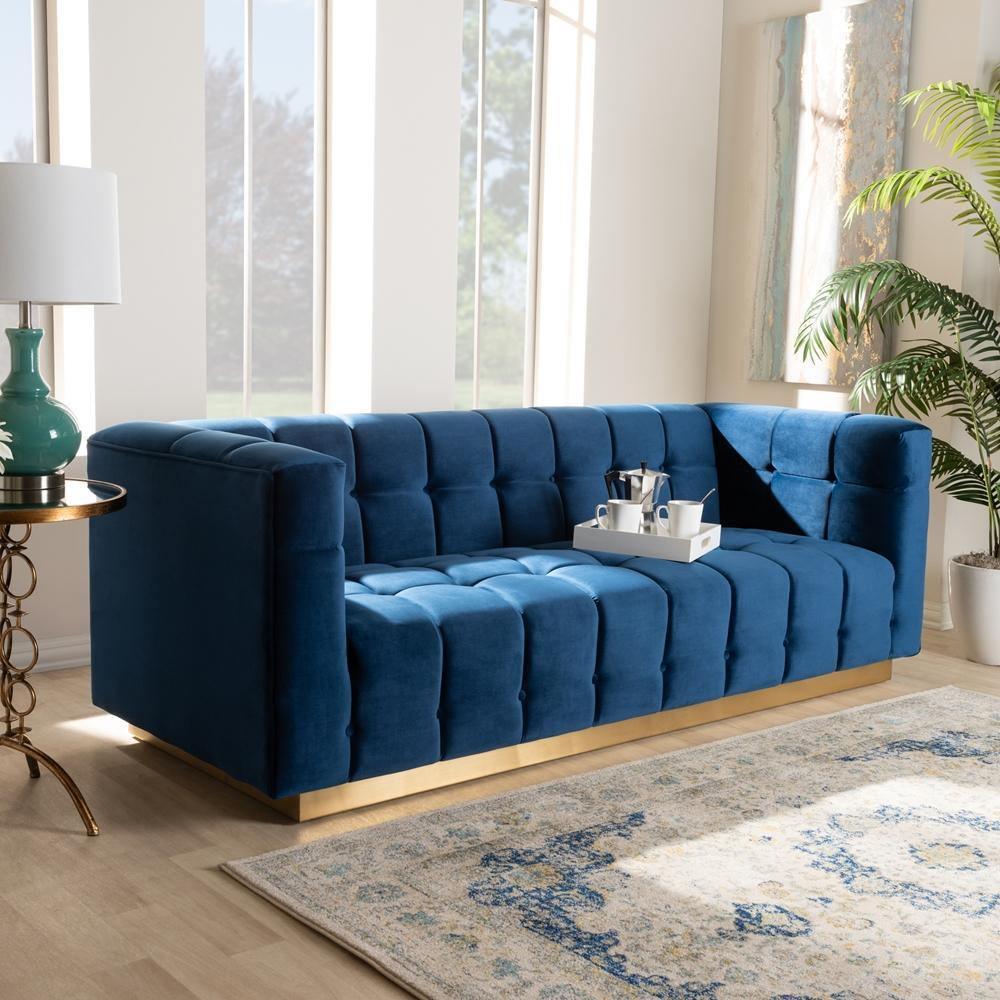 Loreto Glam and Luxe Navy Blue Velvet Fabric Upholstered Brushed Gold Finished Sofa FredCo