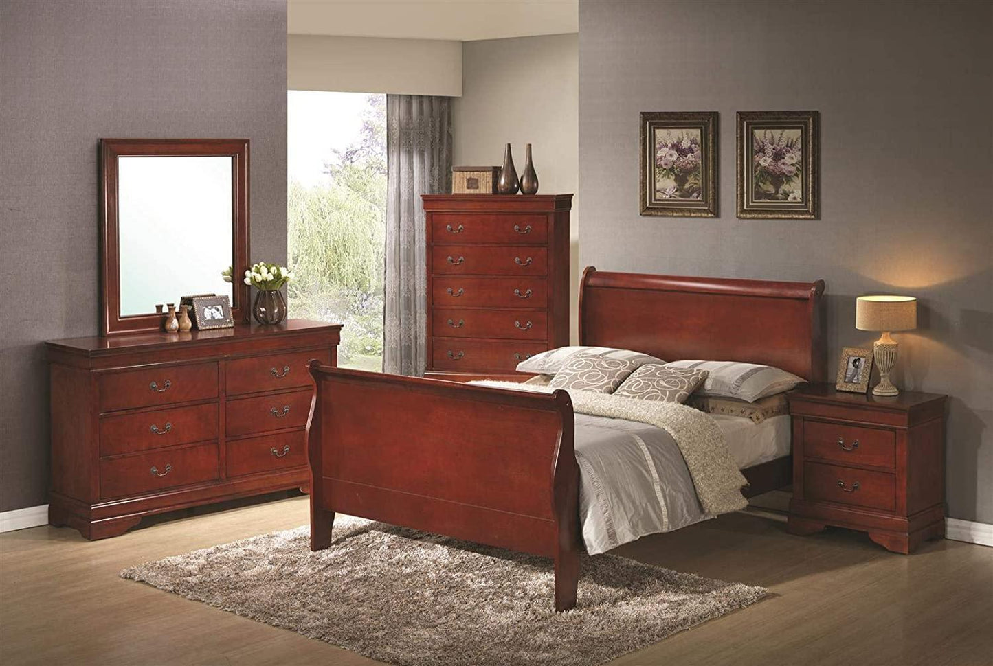 Louis Philippe Queen Sleigh Panel Bed Red Brown FredCo