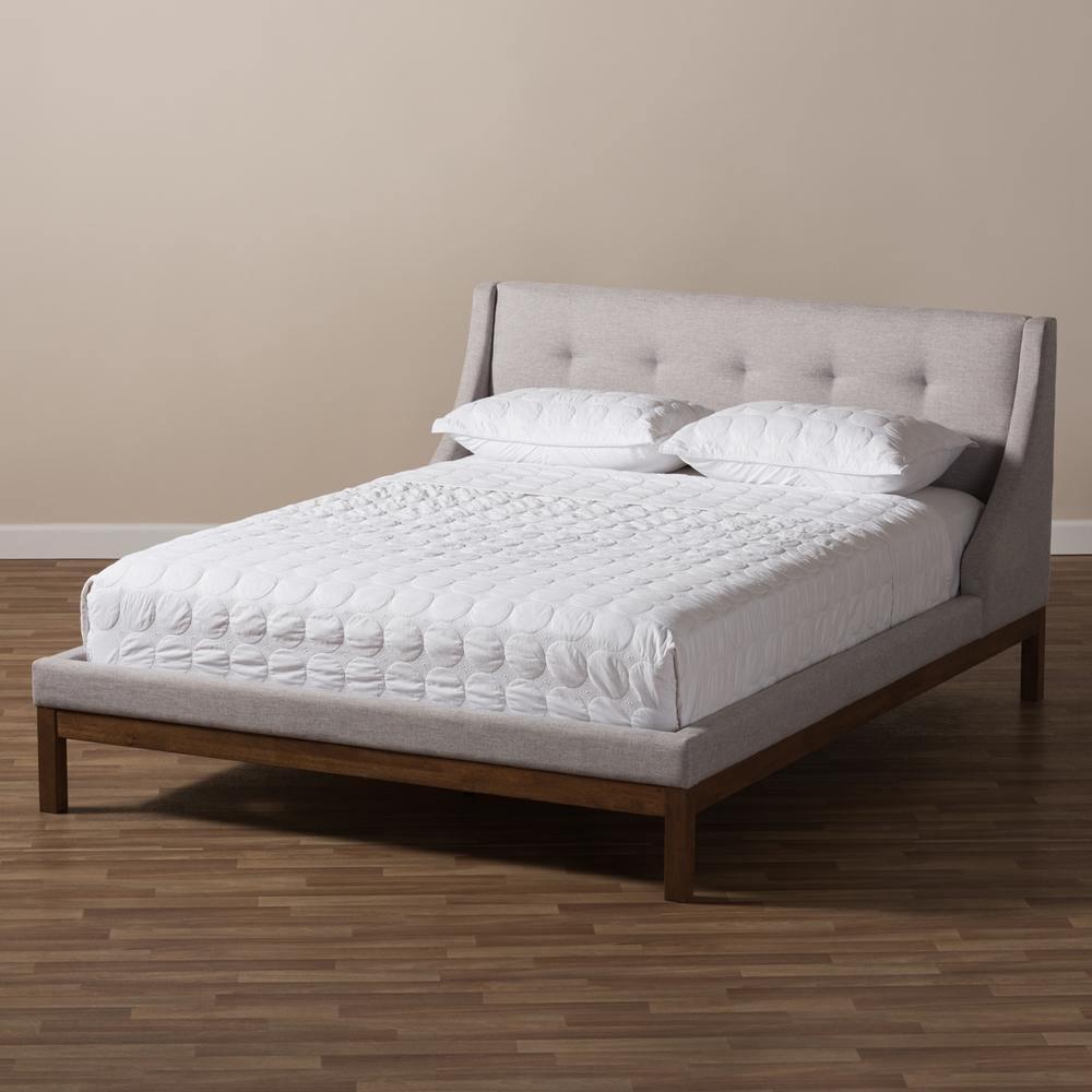 Louvain Modern and Contemporary Greyish Beige Fabric Upholstered Walnut-Finished Queen Sized Platform Bed FredCo