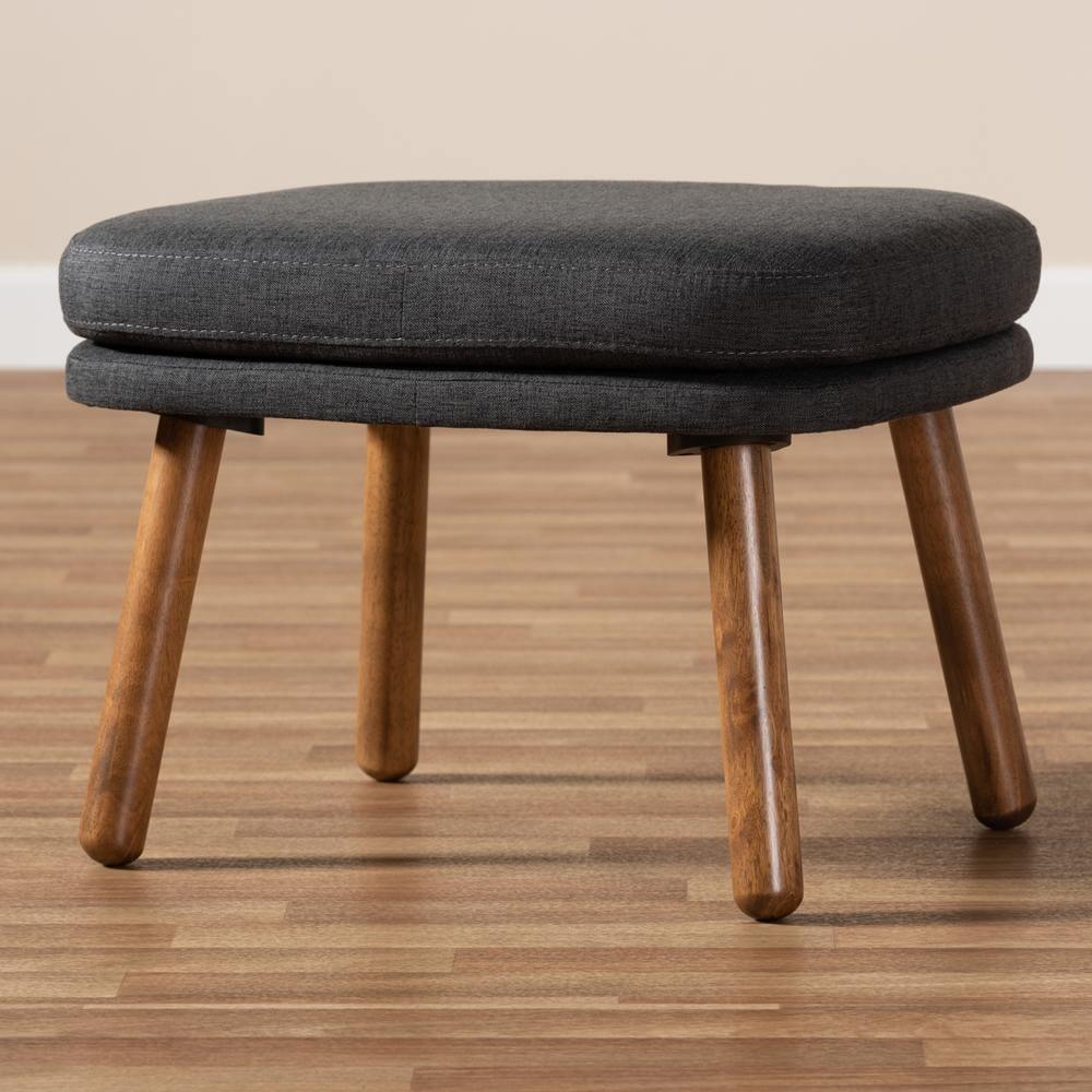 Lovise Mid-Century Modern Dark Grey Fabric Upholstered Walnut Brown Finished Wood Ottoman FredCo