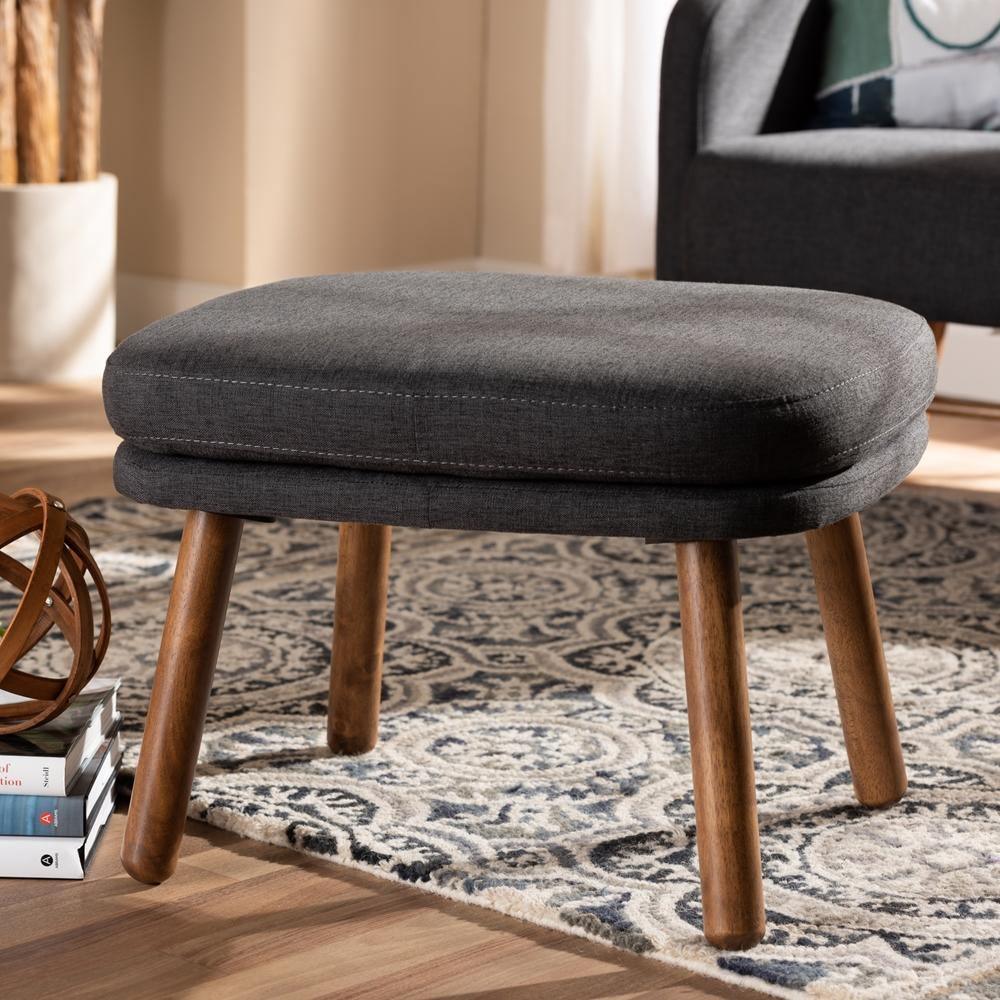 Lovise Mid-Century Modern Dark Grey Fabric Upholstered Walnut Brown Finished Wood Ottoman FredCo