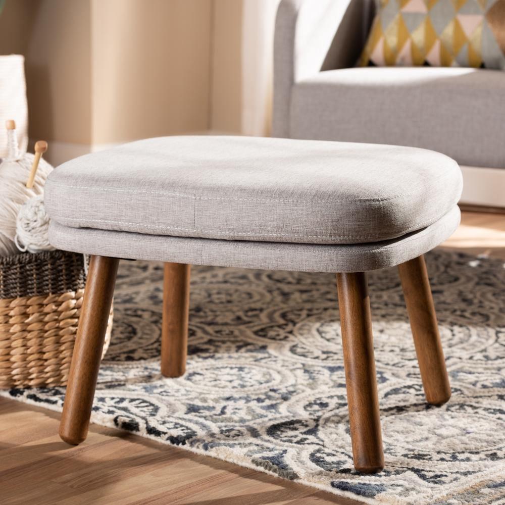 Lovise Mid-Century Modern Greyish Beige Fabric Upholstered Walnut Brown Finished Wood Ottoman FredCo
