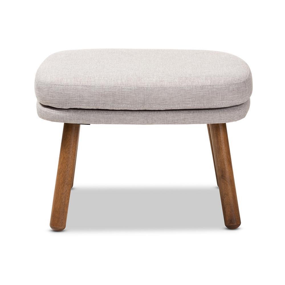 Lovise Mid-Century Modern Greyish Beige Fabric Upholstered Walnut Brown Finished Wood Ottoman FredCo