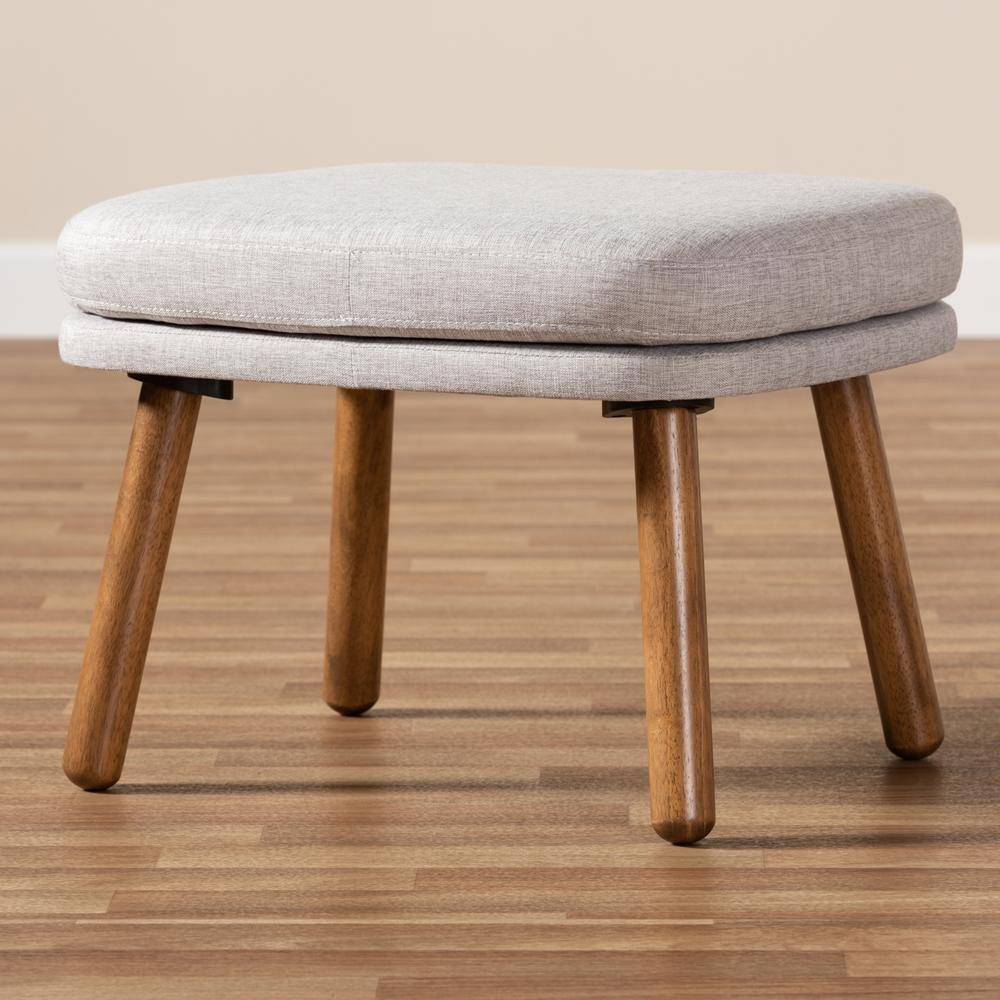 Lovise Mid-Century Modern Greyish Beige Fabric Upholstered Walnut Brown Finished Wood Ottoman FredCo