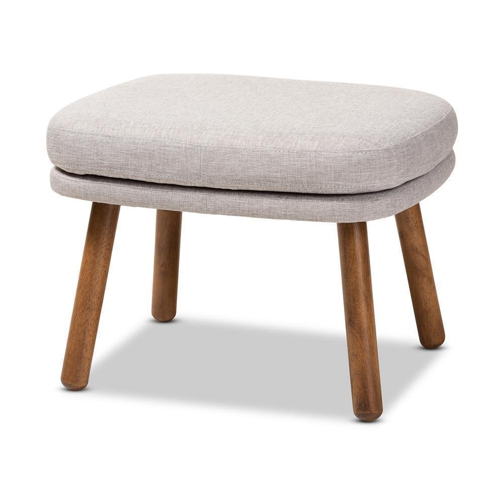 Lovise Mid-Century Modern Greyish Beige Fabric Upholstered Walnut Brown Finished Wood Ottoman FredCo