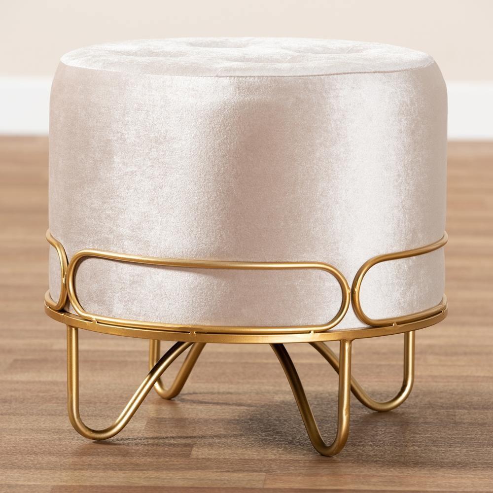 Lucienne Glam and Luxe Beige Velvet Fabric Upholstered Gold Finished Metal Ottoman FredCo