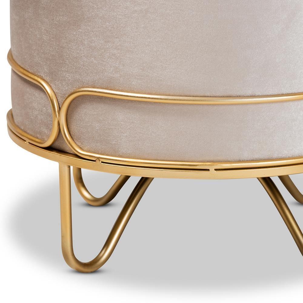 Lucienne Glam and Luxe Beige Velvet Fabric Upholstered Gold Finished Metal Ottoman FredCo