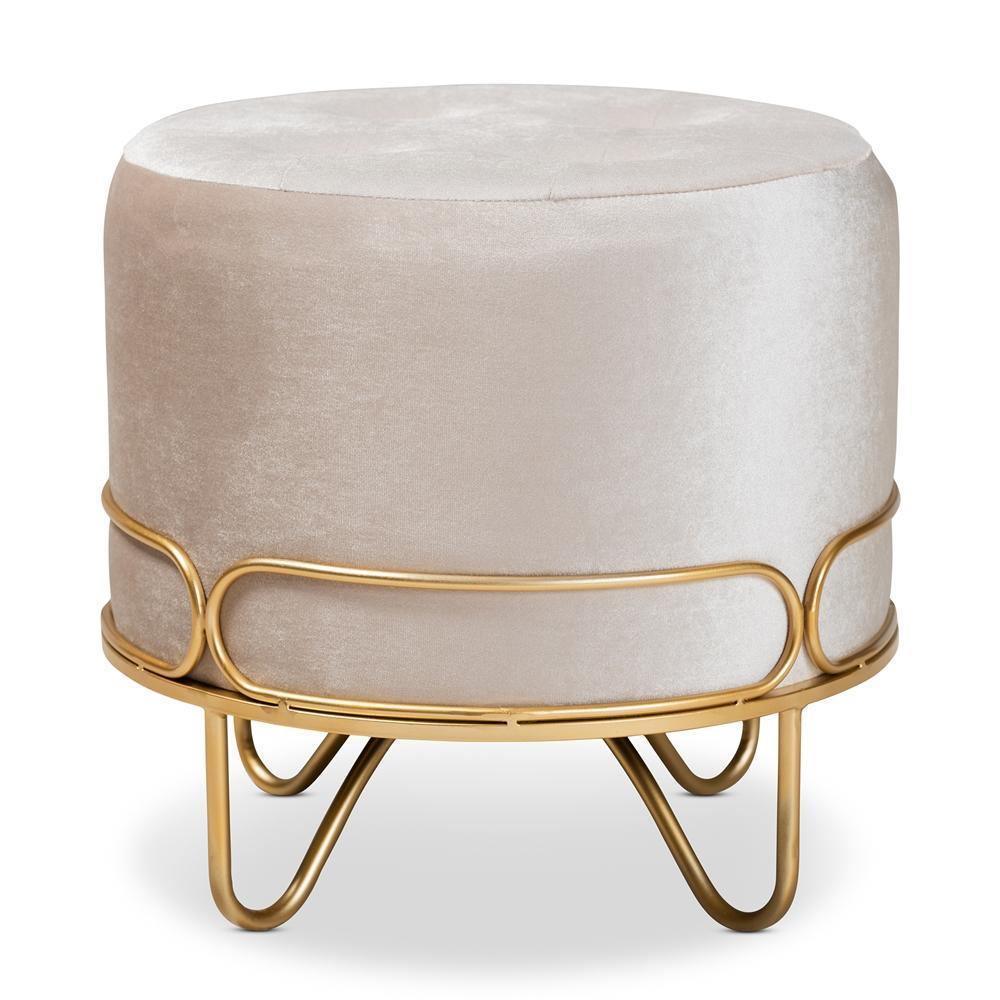 Lucienne Glam and Luxe Beige Velvet Fabric Upholstered Gold Finished Metal Ottoman FredCo
