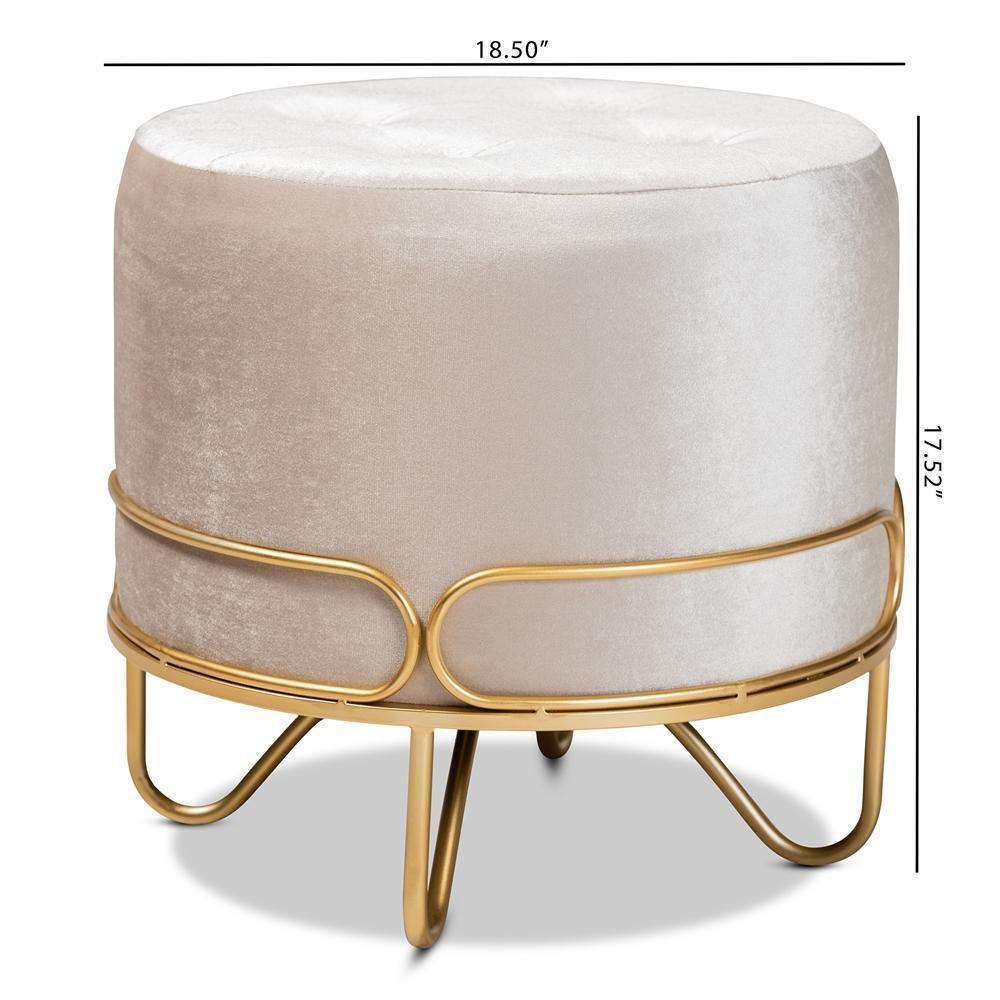 Lucienne Glam and Luxe Beige Velvet Fabric Upholstered Gold Finished Metal Ottoman FredCo