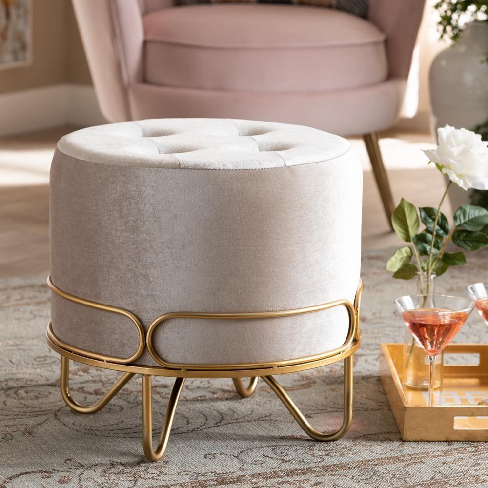 Lucienne Glam and Luxe Beige Velvet Fabric Upholstered Gold Finished Metal Ottoman FredCo