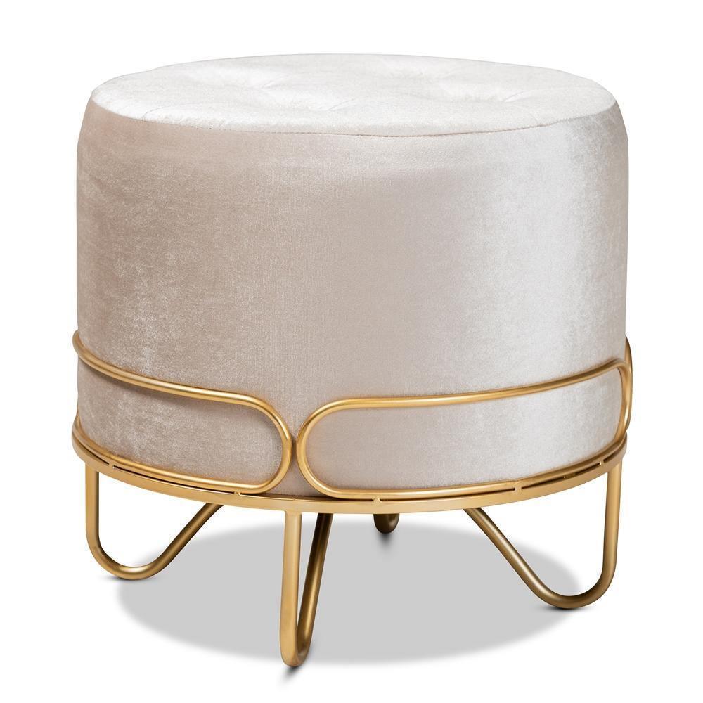 Lucienne Glam and Luxe Beige Velvet Fabric Upholstered Gold Finished Metal Ottoman FredCo