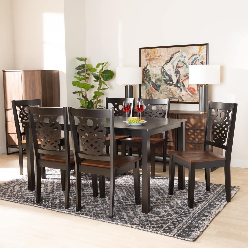 Luisa Modern and Contemporary Two-Tone Dark Brown and Walnut Brown Finished Wood 7-Piece Dining Set FredCo