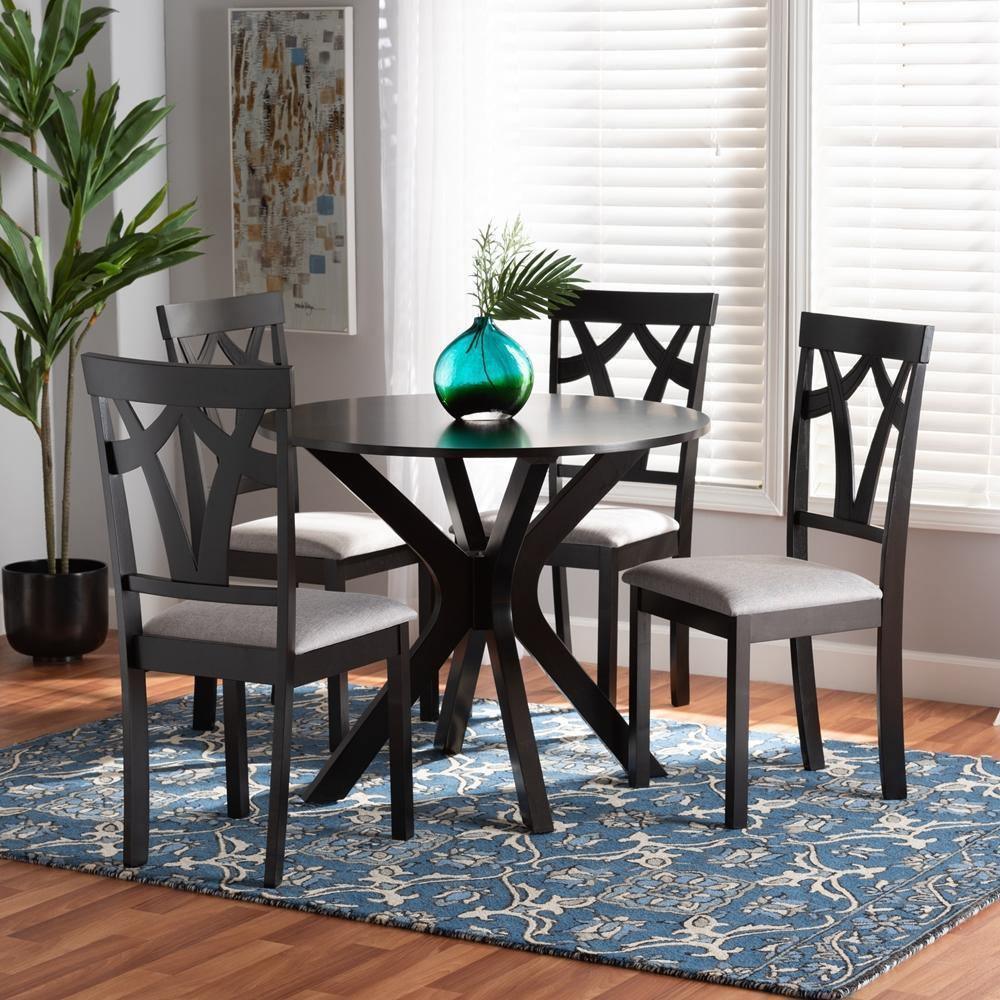 Luise Modern and Contemporary Grey Fabric Upholstered and Dark Brown Finished Wood 5-Piece Dining Set FredCo