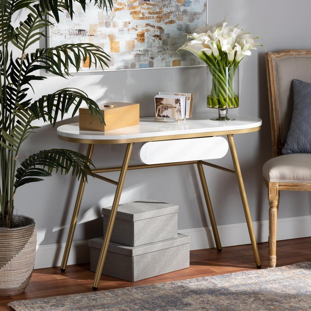 Mabel Modern and Contemporary Gold Finished Metal Console Table With Faux Marble Tabletop FredCo