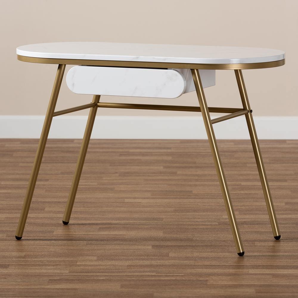 Mabel Modern and Contemporary Gold Finished Metal Console Table With Faux Marble Tabletop FredCo
