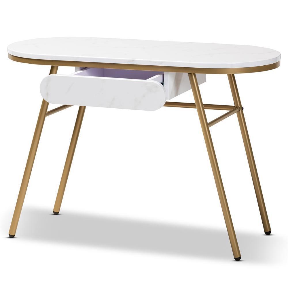 Mabel Modern and Contemporary Gold Finished Metal Console Table With Faux Marble Tabletop FredCo