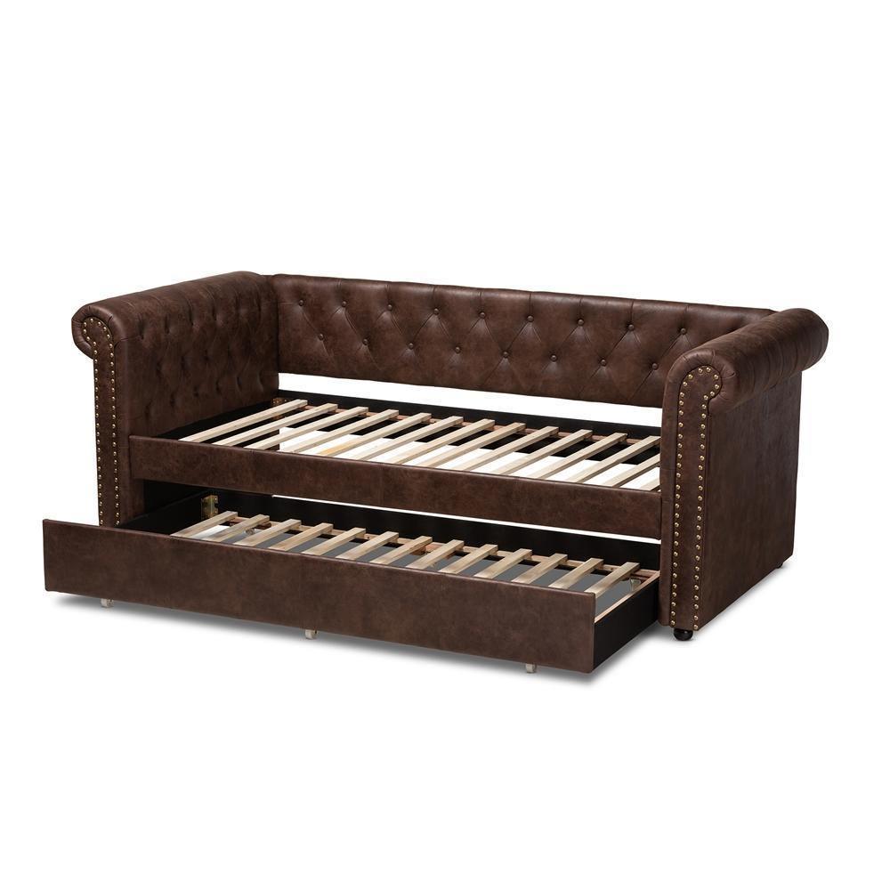 Mabelle Modern and Contemporary Brown Faux Leather Upholstered Daybed with Trundle FredCo
