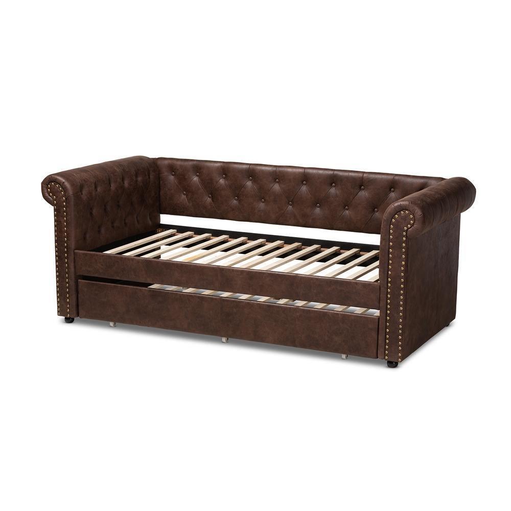 Mabelle Modern and Contemporary Brown Faux Leather Upholstered Daybed with Trundle FredCo