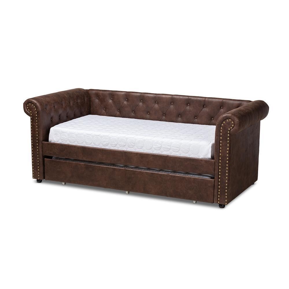 Mabelle Modern and Contemporary Brown Faux Leather Upholstered Daybed with Trundle FredCo
