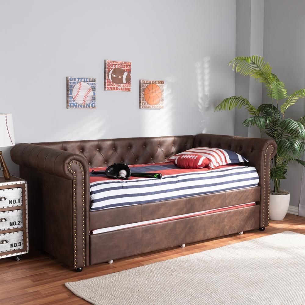Mabelle Modern and Contemporary Brown Faux Leather Upholstered Daybed with Trundle FredCo