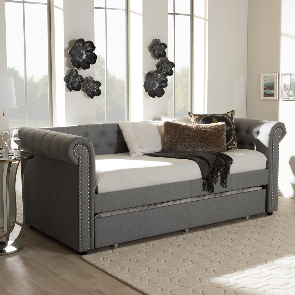 Mabelle Modern and Contemporary Grey Fabric Trundle Daybed FredCo