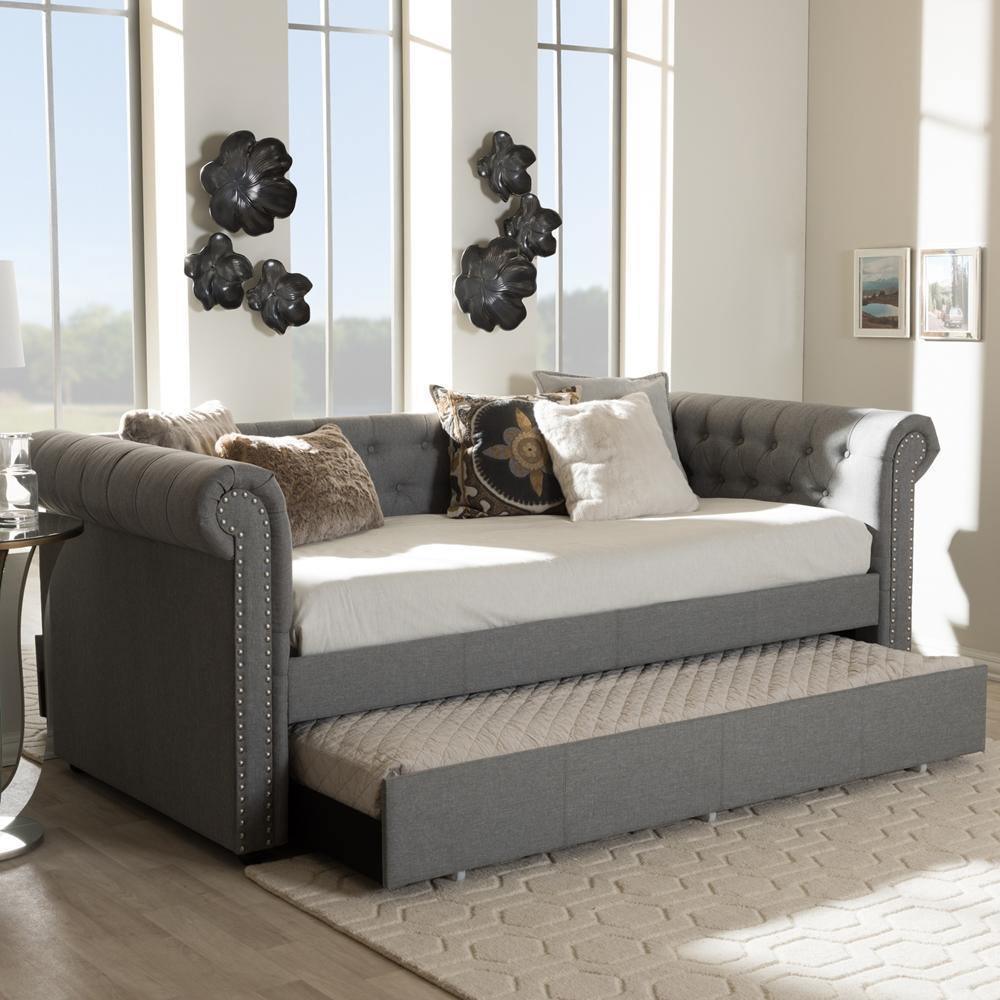 Mabelle Modern and Contemporary Grey Fabric Trundle Daybed FredCo