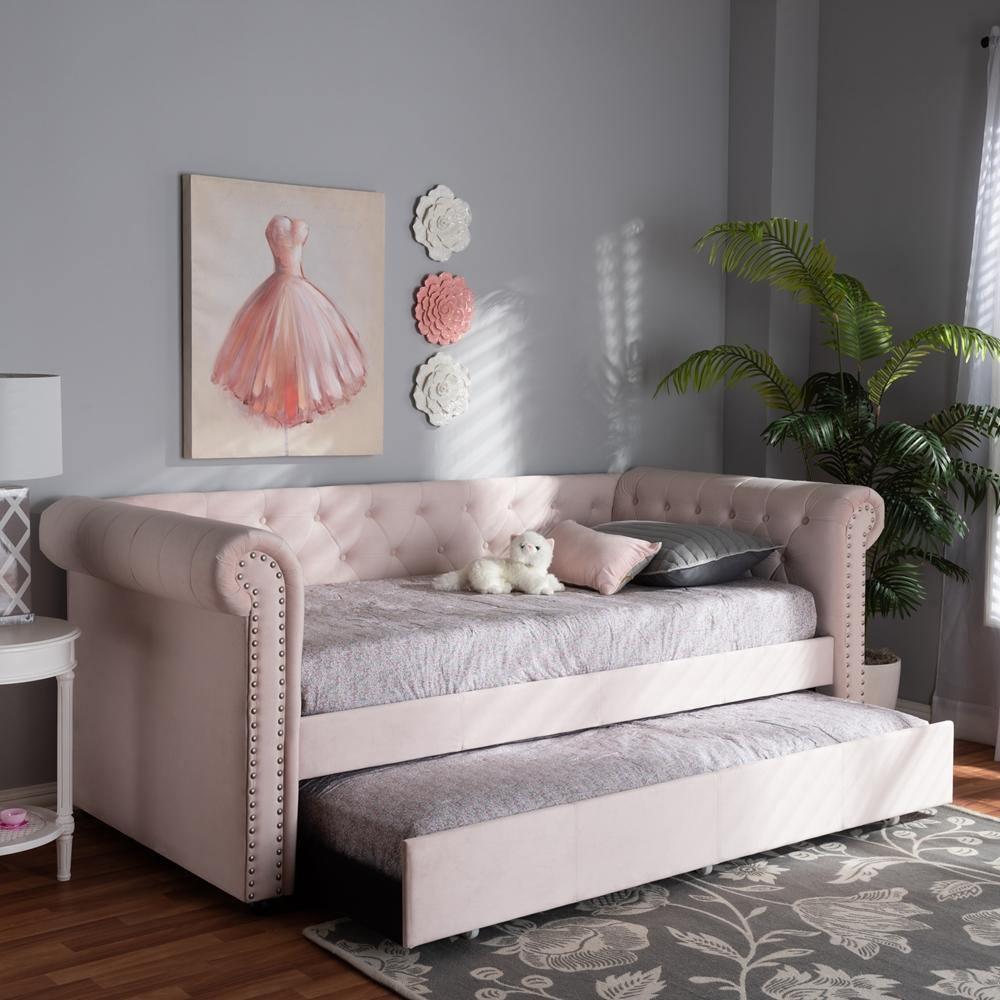 Mabelle Modern and Contemporary Light Pink Velvet Upholstered Daybed with Trundle FredCo