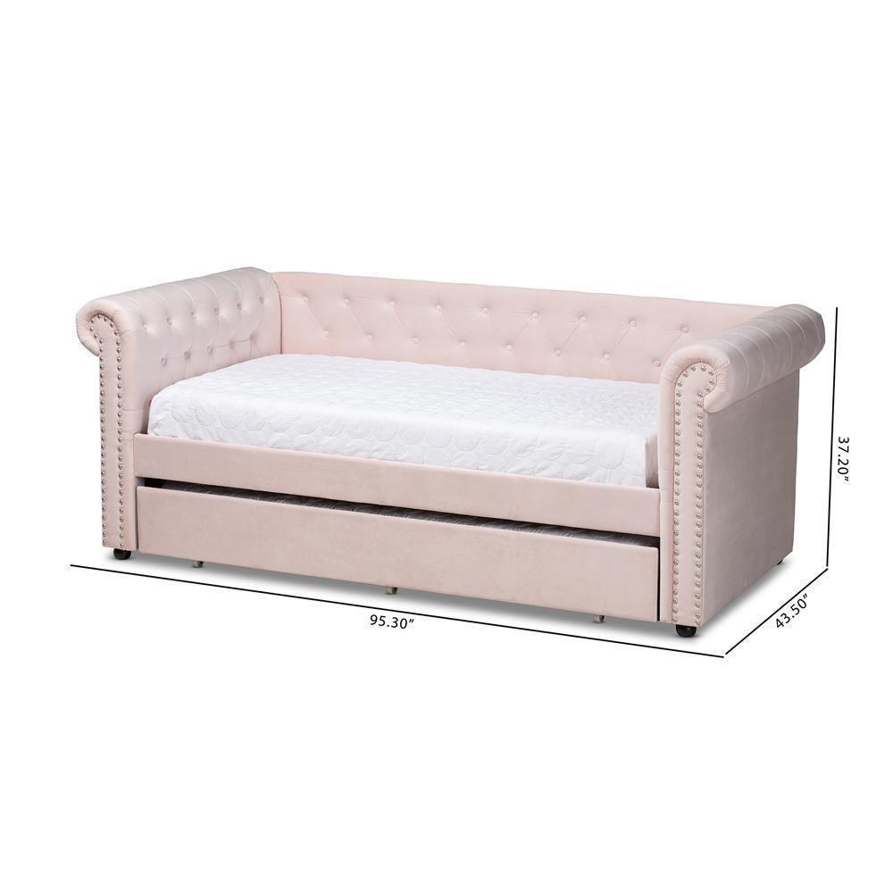 Mabelle Modern and Contemporary Light Pink Velvet Upholstered Daybed with Trundle FredCo