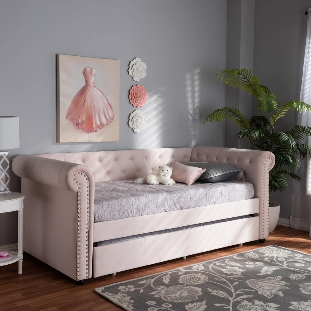 Mabelle Modern and Contemporary Light Pink Velvet Upholstered Daybed with Trundle FredCo