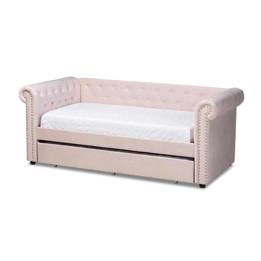 Mabelle Modern and Contemporary Light Pink Velvet Upholstered Daybed with Trundle FredCo
